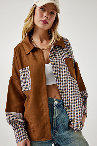 Happiness İstanbul Γυναικείο πουκάμισο υφασμένο από καστόρι χρώματος μαυρίσματος χρώματος WF00064