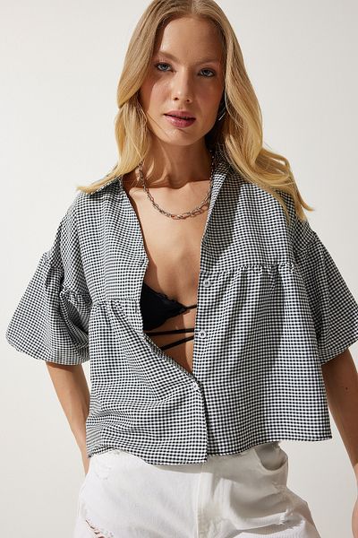 Happiness İstanbul Schwarzes Gingham-Gewebte Hemd mit Ballonärmeln für Damen RG00013