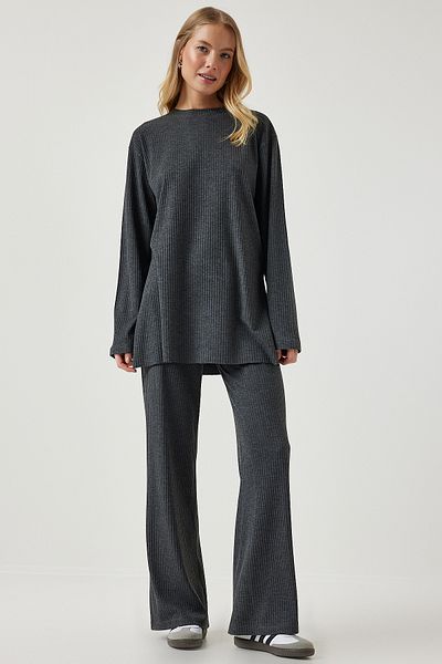 Happiness İstanbul Women's Anthracite Corded Knitted Blouse Trousers Set KH00088