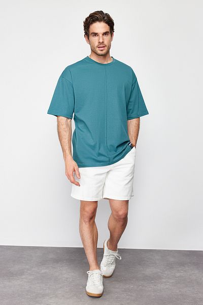 Trendyol Collection Emerald Green Oversize Tok Fabric T-Shirt - Sewing Detail, 100% Cotton, Tmnss24Ts00153