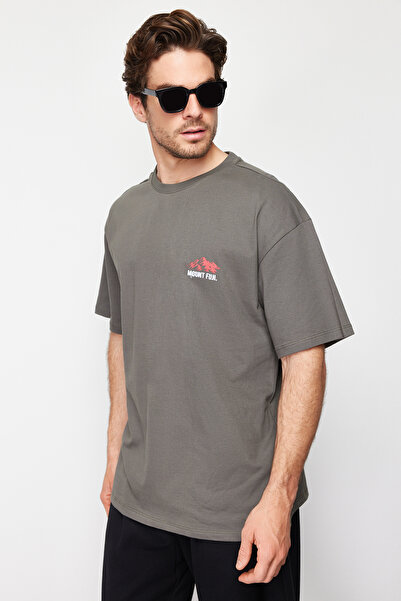 Trendyol Collection Βαμβακερό μπλουζάκι με κέντημα ανθρακί - TMNSS24TS00108