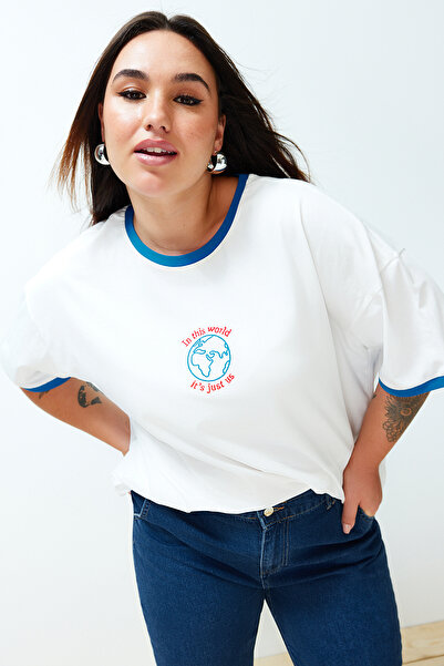 Trendyol Curve Ecru Unisex Oversize Άνετο 100% βαμβακερό πλεκτό T-shirt TBBSS24BF00033