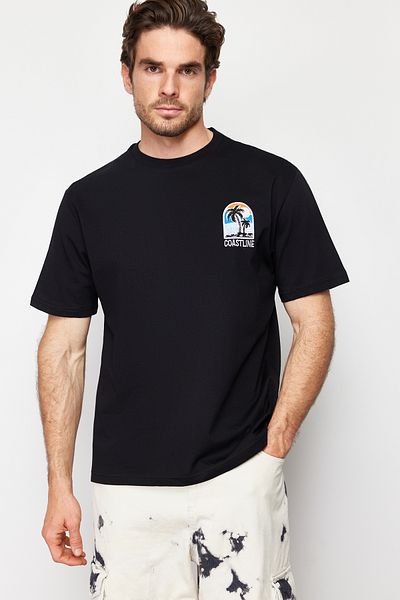 Trendyol Collection Black Oversize Cotton T-Shirt with Landscape Embroidery - Tmnss24Ts00162