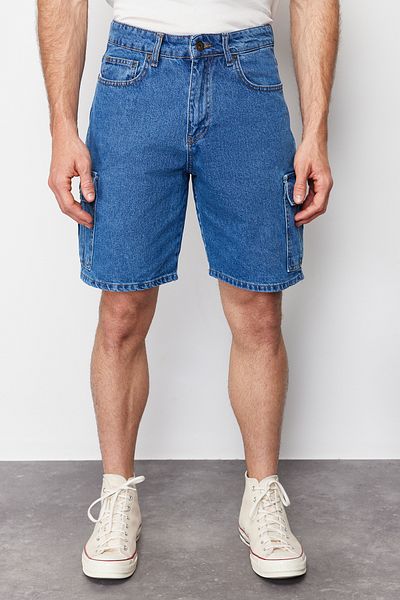 Trendyol Collection Modré džínové šortky Regular Fit Cargo Pocket Denim TMNSS24JE00013