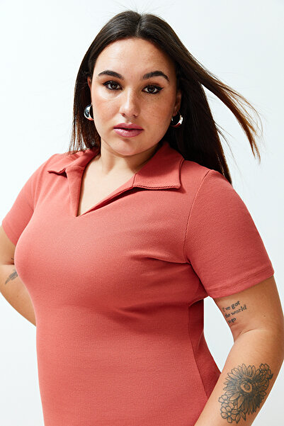 Trendyol Curve Tile Polo Neck Midi Knitted Plus Size Dress Tbbss24Ah00078