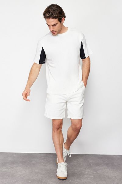 Trendyol Collection Color Blocked Ecru Oversize bavlněné tričko - Tmnss24Ts00068