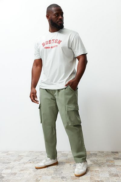 Trendyol Collection Pantaloni de mărime mare, cu buzunare cargo, cu șireturi, de culoare kaki deschis, TMNSS24AR00002