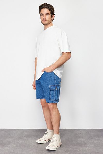 Trendyol Collection Modré džínové šortky Regular Fit Cargo Pocket Denim TMNSS24JE00013
