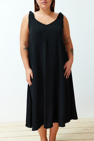 Trendyol Curve Black Summer Relaxed Fit Thick Strap V-Neck Woven Dress Tbbss24Ah00129