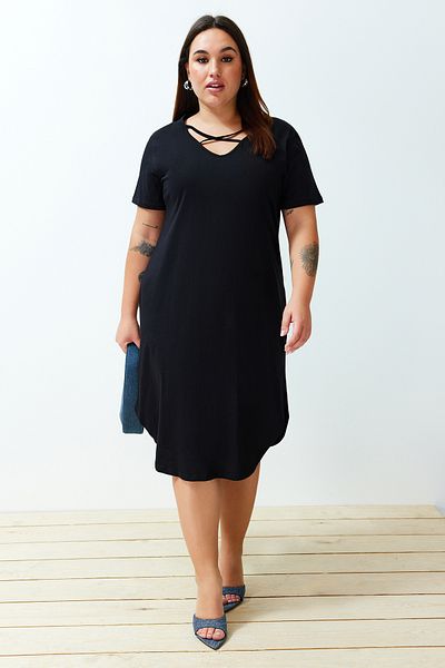Trendyol Curve Black Cross Rope Detail Midi 100% Cotton Knitted Dress Tbbss24Ah00165
