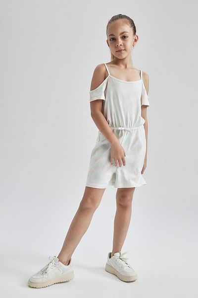 DeFacto Girl's Regular Fit Batik Patterned Strappy Cotton Combed Summer Short Jumpsuit