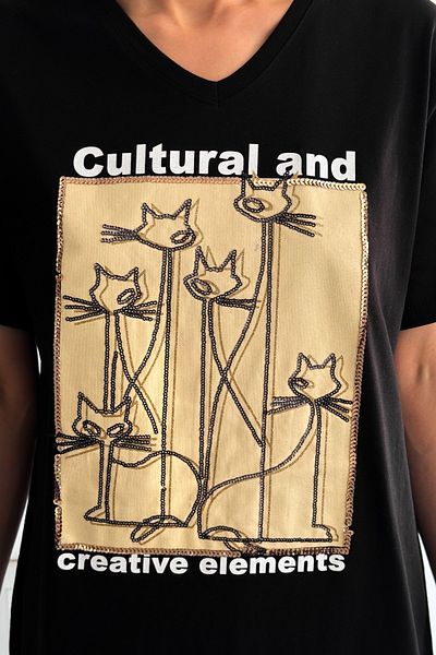 FEMELLE Tricou de damă, alb, cu decolteu în V, de dimensiuni mari, cu paiete de pisică, brodat cu paiete, 100% bumbac