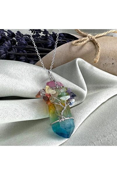 Elifsu Jewelry Kalem Kesim Ağaç İşlemeli Çakra Doğal Taş Kolye