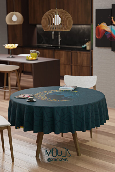 Moud's قمر رمضان ومسجد صورة ظلية منقوشة من قماش الجلد المدبوغ مفرش طاولة دائري بدون رعاية