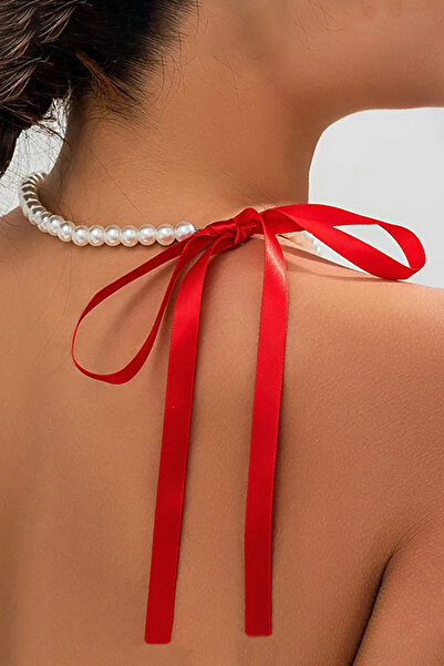Glaren Cam İnci Kırmızı Kurdeleli Choker Kadın Kolye