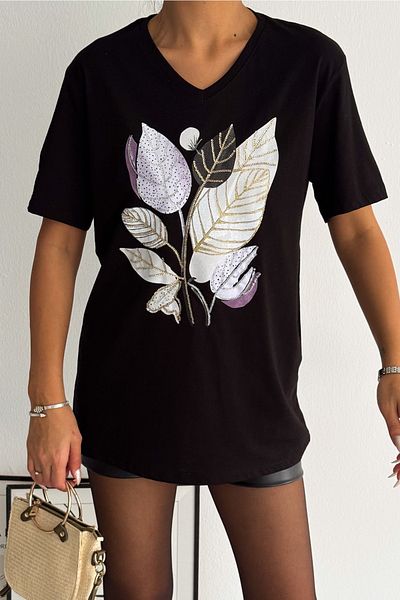 FEMELLE Tricou de damă, negru, cu decolteu în V, mărime mare, frunze, paiete, brodat cu paiete, 100% bumbac