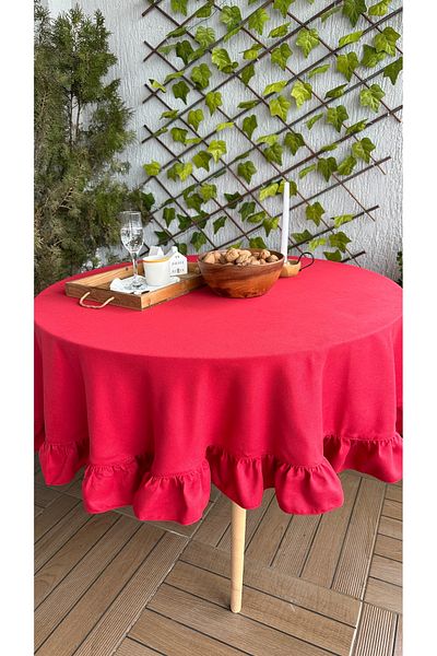Decamor home Soft Fabric Red Frilly Vintage Round Carefree Tablecloth