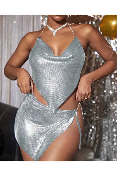 Miss Μεταλλικό Σετ Φούστας Bustier με Γυαλιστερή Αλυσίδα με Λουράκια Ανοιχτή Πλάτη Crop Διπλό Σετ