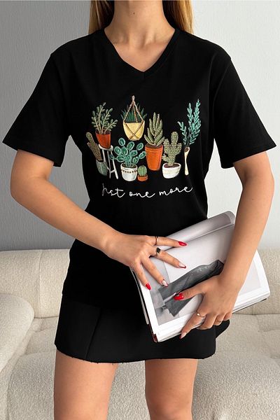 FEMELLE Tricou de damă, negru, cu decolteu în V, mărime mare, cactus, cu paiete, brodat cu paiete, 100% bumbac.