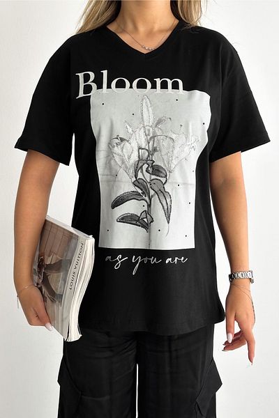 FEMELLE Tricou de damă, negru, cu decolteu în V, dimensiune mare, cu paiete, brodat cu paiete, 100% bumbac