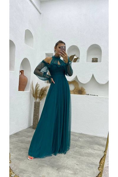 Neşeli Butik γυναικείο μακρύ βραδινό φόρεμα με ντραπέ πετρόλ NBSWLL07