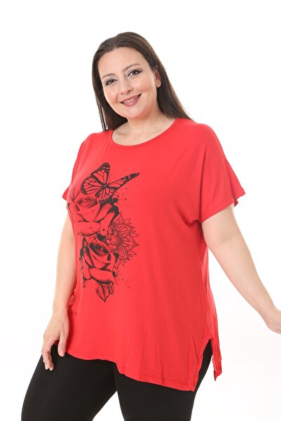 xlargebutik LARGE SIZE CLOTHING RED BUTTERFLY ROSE PRINT FULL FLEXIBLE BOULE