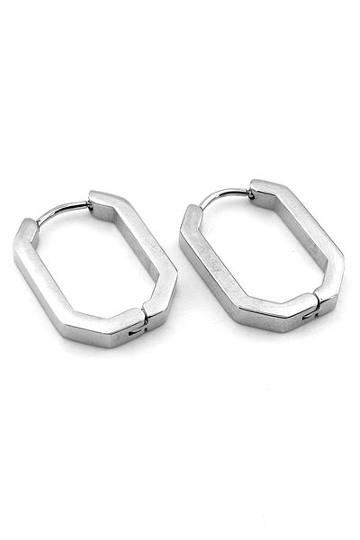 Solfera Cornered Design Silver Stainless Color Steel Hoop Women's Men's Earrings ER093