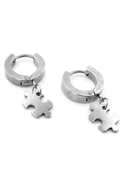 Solfera Puzzle Dangle Silver Color Stainless Steel Hoop Men's Earrings ER066