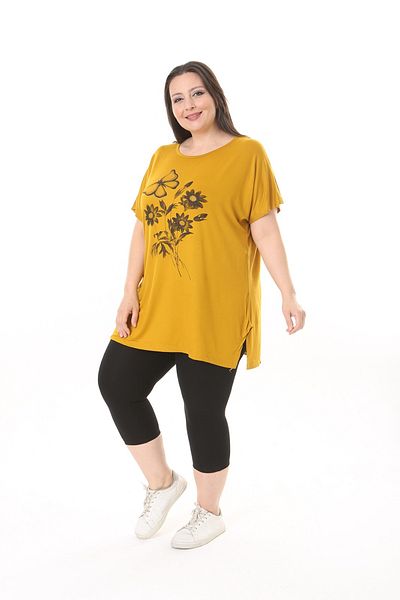 xlargebutik Plus Size - Clothing Butterfly Daisy Printed Yellow Cloud