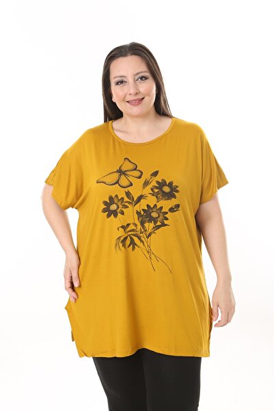 xlargebutik Μεγάλο μέγεθος - Ρούχα με στάμπα πεταλούδας και μαργαρίτας, κίτρινο μπλουζάκι