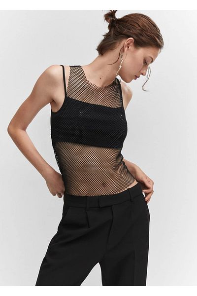 MANGO Woman Crystal Detailed Mesh Blouse