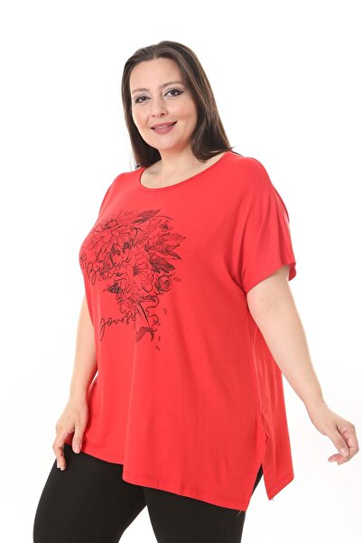 xlargebutik Red Flower Patterned Large Size Clothing Buluz