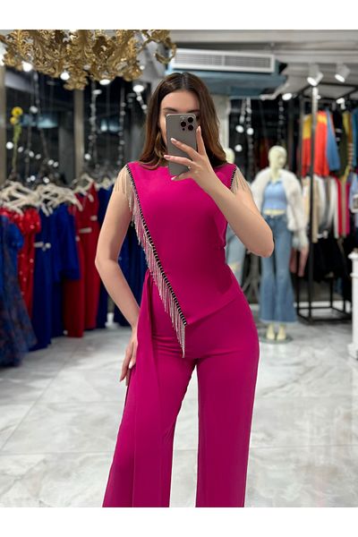 missswans Tereza Side Tied Chain Stone Detailed Jumpsuit-Fuchsia