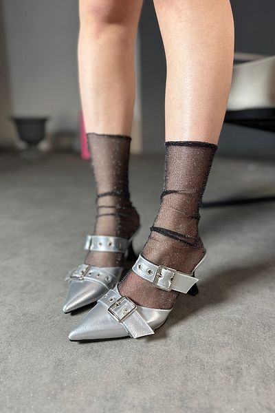 SHOEBELLAS Papuci de damă cu cataramă dublă, verde argintiu