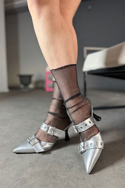 SHOEBELLAS Papuci de damă cu cataramă dublă, verde argintiu
