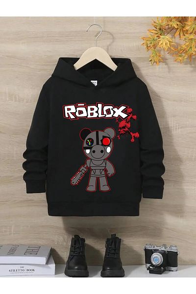 Baxia Унисекс детски суитшърт с качулка и принт Roblox SKULL в черен цвят