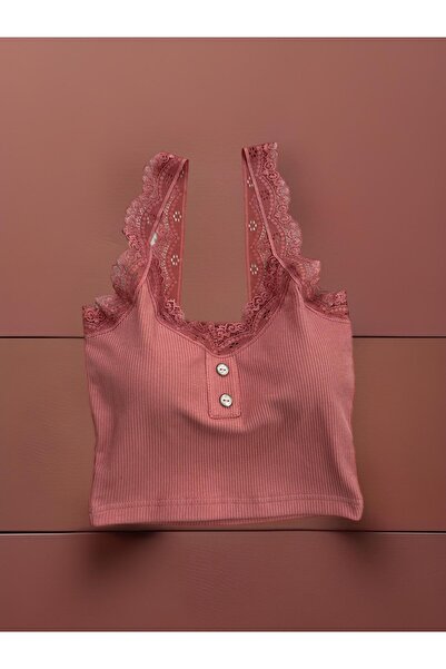 ParisTrend Fitilli Dalgıç Dantelli Pedli   Büstiyer Nar Çiçeği