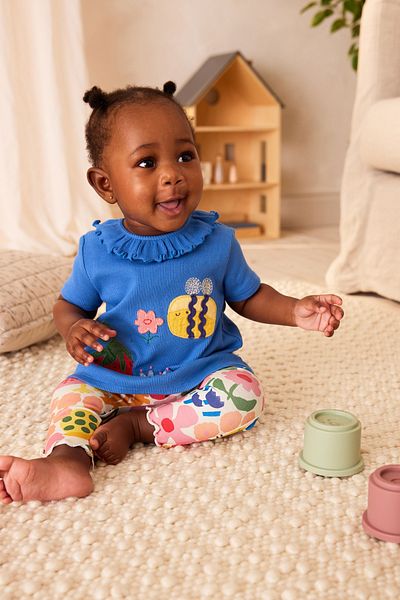 Next Baby 100% Cotton Blue Bee Patterned Short Sleeve Tatyli Top and Bottom Set
