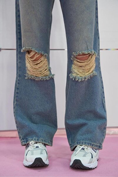 Gofeel Mavi Yırtık Detaylı Baggy Unisex Yıkamalı Pantolon