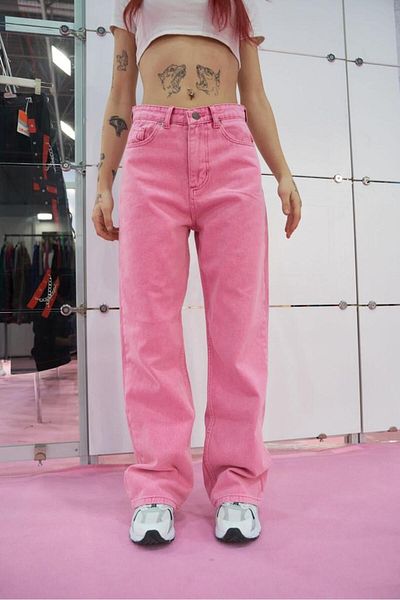 Gofeel Pink Jeans Detailed Wide Leg Washed Trousers