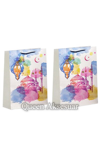QUEEN AKSESUAR Lüks ramazan cami minare hilal desenli 2li büyük ip saplı sert karton  hediye paketi çantası poşet
