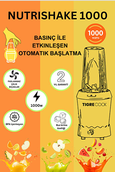 teknotrust NUTRISHAKE 3 in 1 Paslanmaz Çelik Bıçaklı Kişisel Smoothie Blender ve Kahve Baharat Öğütücü 1000W