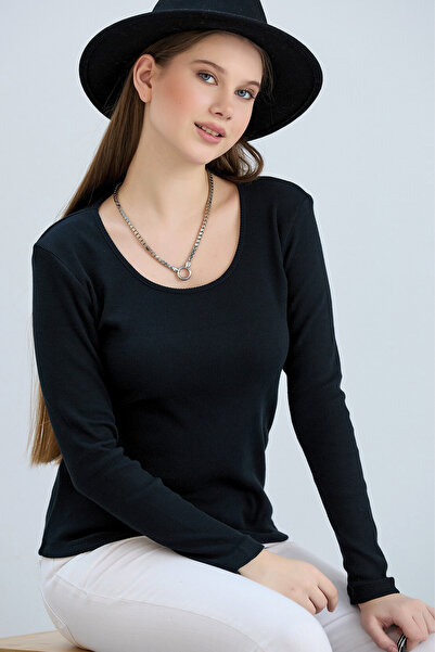 VODENS المرأة السوداء واسعة الرقبة بروتيل الأساسية بلوزة طويلة الأكمام