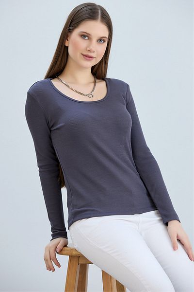 VODENS Women's Anthracite Wide Collar Camisole Basic Long Sleeve Blouse
