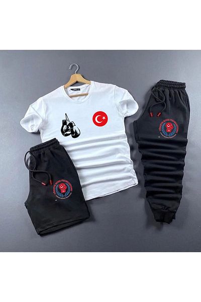 Pisa Art Boxing Turkey Printed Set of 3 Oversize Tshirt Slim Shorts and Sweatpants Combination Unisex Design