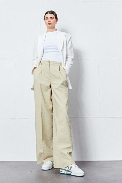 FABB Pantaloni Palazzo texturați cu buzunare bej deschis și talie elastică la...