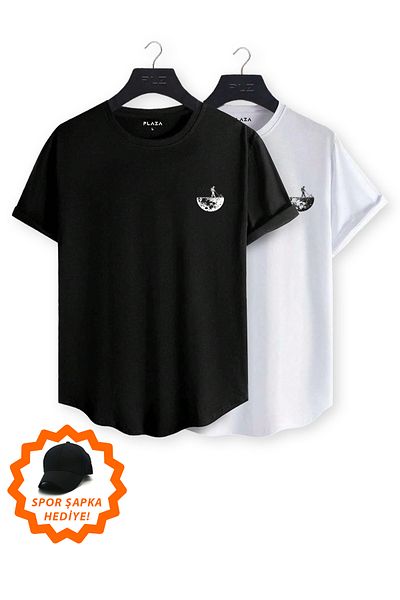 Plaza Butik Black and White Printed Bottom Oval Double Tshirt Hat Gift 2 Pack