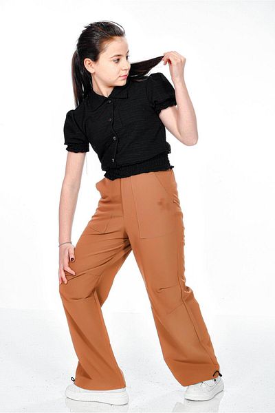 RAMON&ARTOS Knee Detail Pocket Palazzo Parachute Leg Clip Rubber Adjustable Girls' Trousers