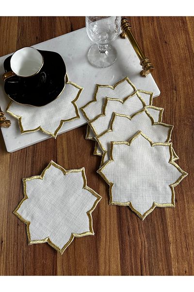 NURHAN HOME COLLECTION Star Model 6 Pieces Κεντημένη Λινό Κοκτέιλ Χαρτοπετσέτα