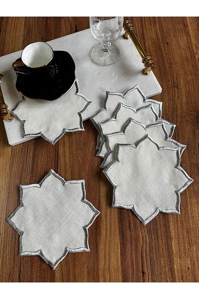 NURHAN HOME COLLECTION Star Model 6 Pieces Κεντημένη Λινό Κοκτέιλ Χαρτοπετσέτα